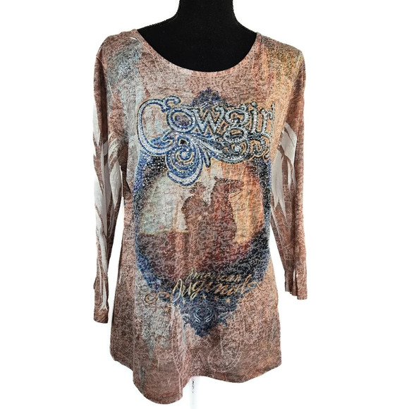 CACTUS Burnout Cowboy Western 3 quarter sleeve tee - Picture 1 of 6